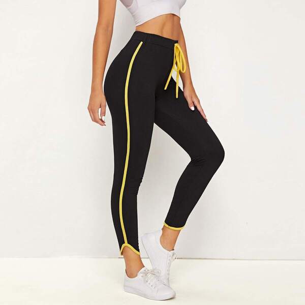 

Piping Trim Drawstring Waist Leggings, Black