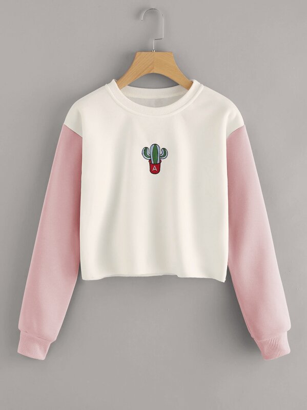 

Cactus Embroidered Colorblock Drop Shoulder Sweatshirt, White