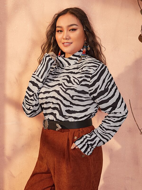 

Plus Zebra Striped High Neck Tee, Black and white, Ma Tian