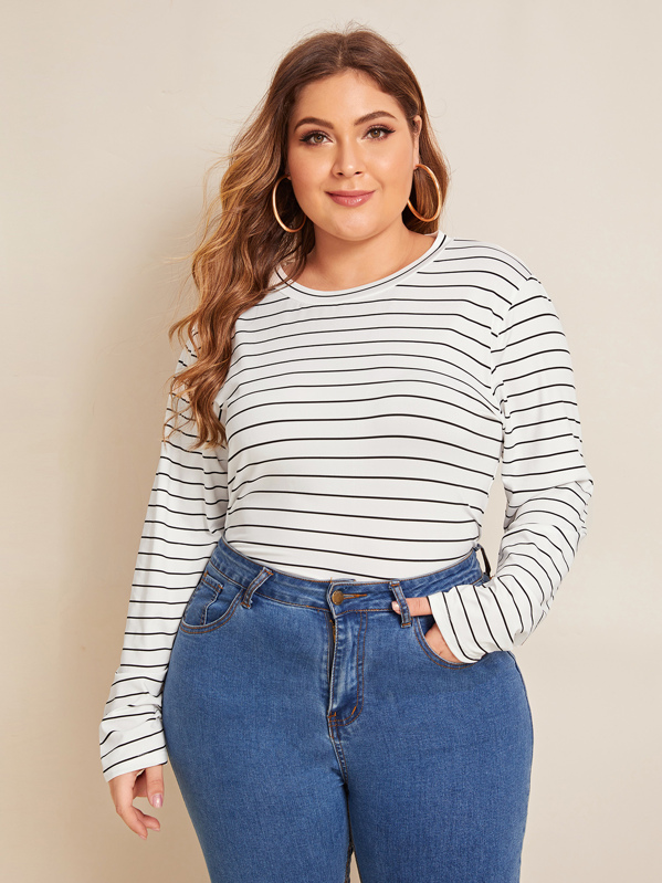 

Plus Striped Round Neck Tee, White, Carol