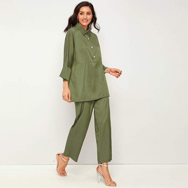 

Solid Half Placket Blouse & Pants Set