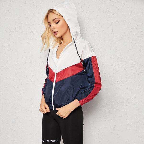 

Colo-block Drawstring Zip-up Hooded Windbreaker Jacket