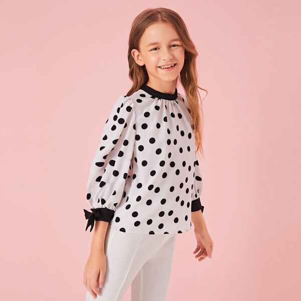 

Girls Contrast Neck Knot Cuff Polka Dot Blouse, White