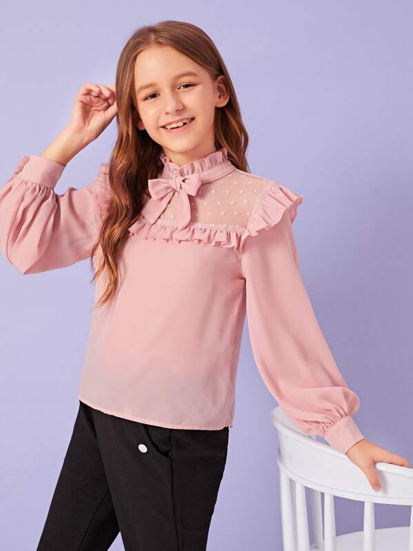 

Girls Frill Tie Neck Mesh Insert Blouse, Pink, Sashab