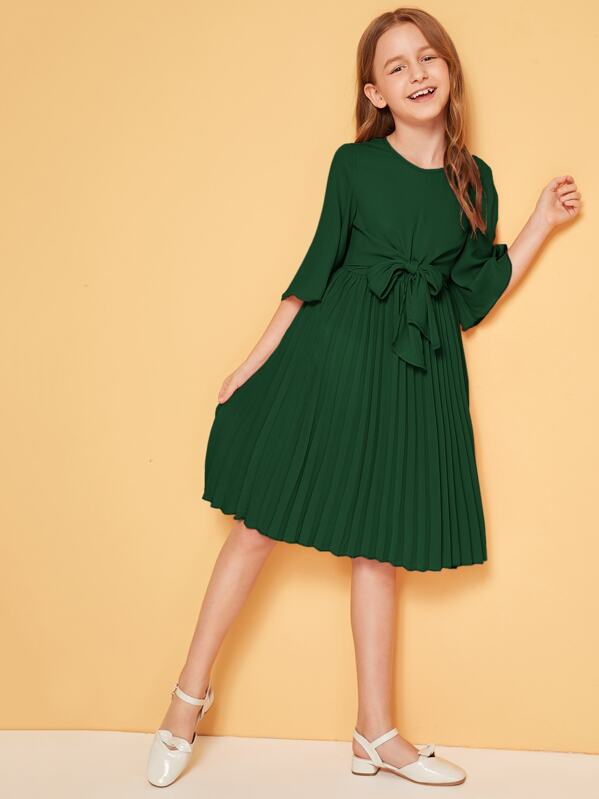 

Girls Tie Front Pleated Dress, Green, Sashab