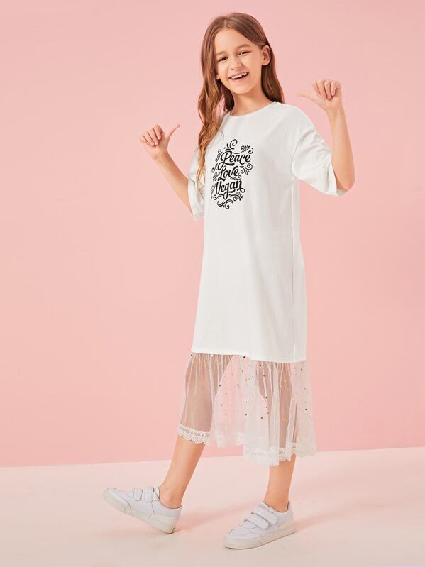 

Girls Graphic Print Galaxy Mesh Hem Dress, White, Sashab