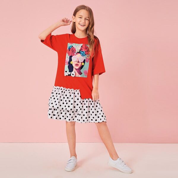

Girls Figure & Polka Dot Print Ruffle Hem Spliced Dress, Red bright