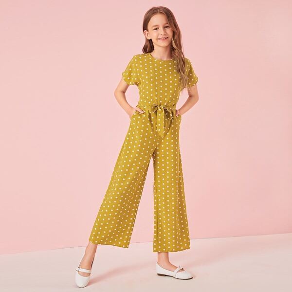 

Girls Polka Dot Print Belted Jumpsuit, Yellow