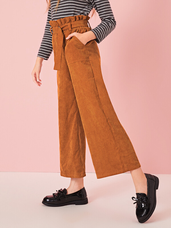 

Girls Paperbag Waist Belted Corduroy Pants, Camel, Sashab