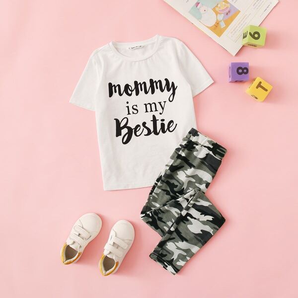 

Girls Slogan Print Top & Camo Pants Set