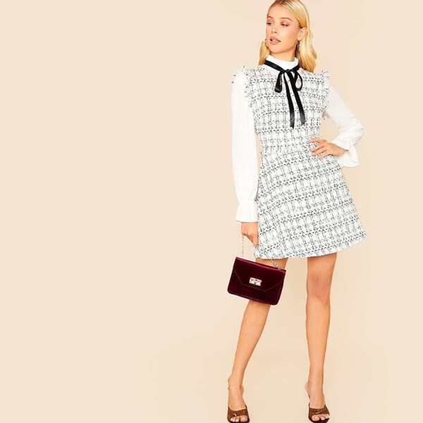 

Tie Neck Flounce Sleeve 2 In 1 Tweed Dress, White