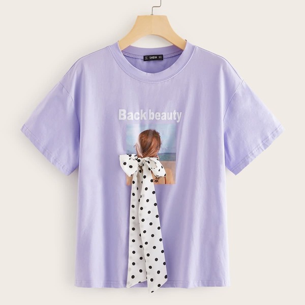 

Bow Detail Graphic Print Tee, Purple pastel