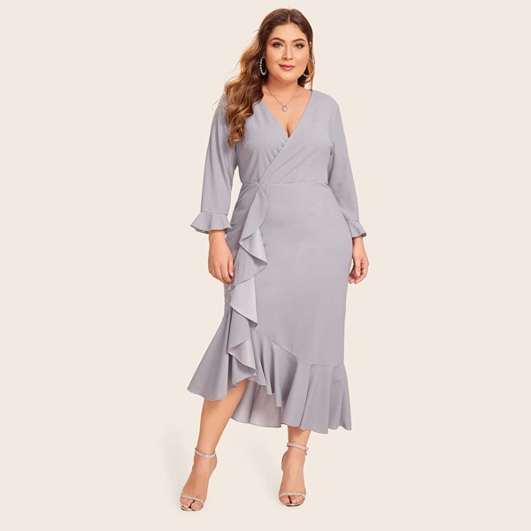 

Plus Surplice Neck Ruffle Trim Dress, Grey