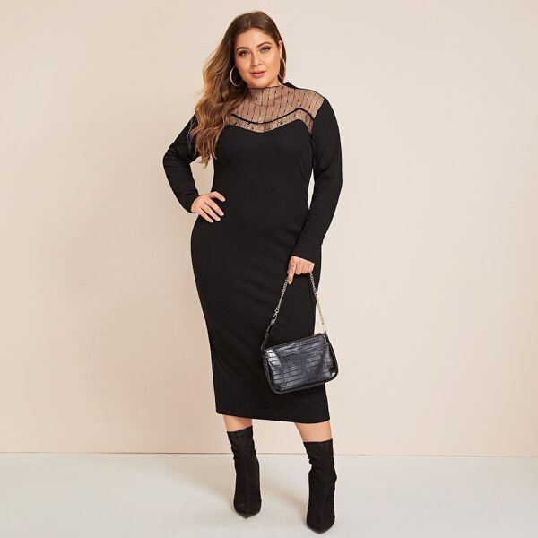 

Plus Mesh Yoke Split Back Pencil Dress, Black