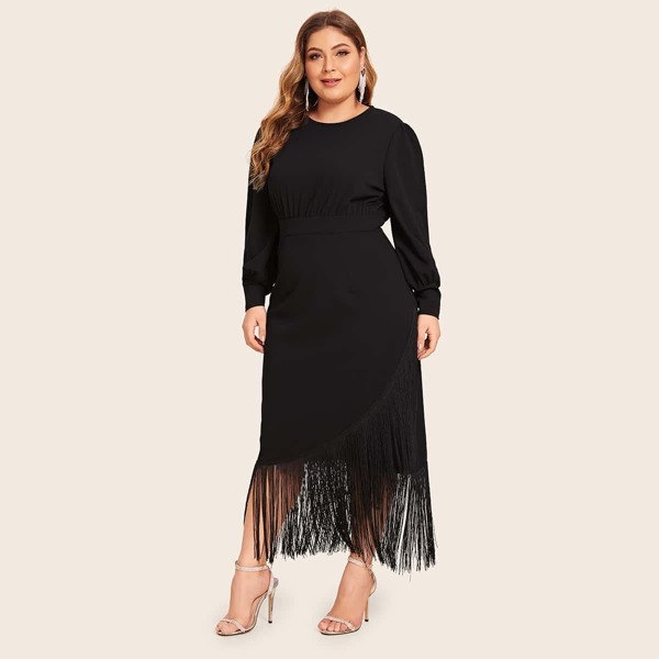 

Plus High Waist Wrap Fringe Detail Dress, Black