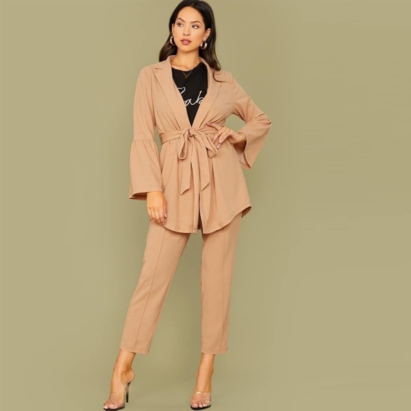 

Bell Sleeve Self Belted Blazer and Pants Set, Khaki