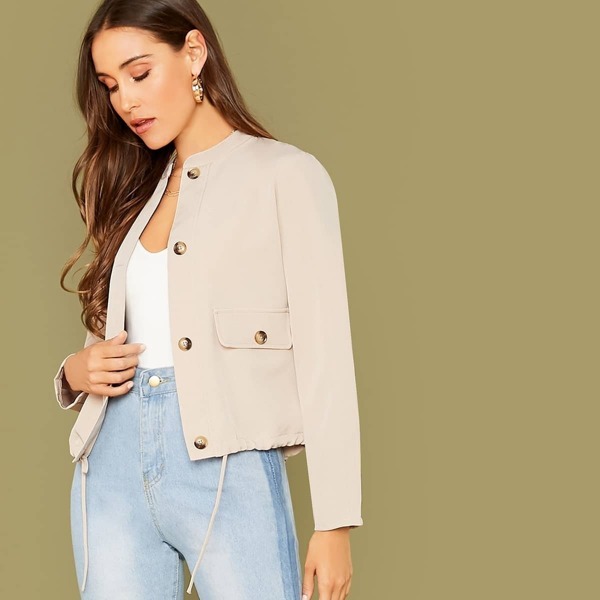 

Drawstring Hem Flap Pocket Jacket, Khaki