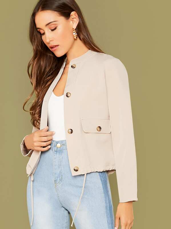 

Drawstring Hem Flap Pocket Jacket, Khaki, Anna Herrin