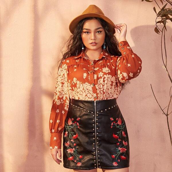 

Plus Allover Floral Print Blouse, Orange