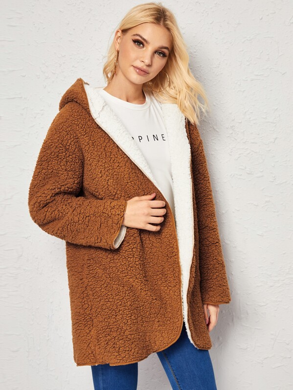 

Open Front Hooded Teddy Coat, Brown, Lef