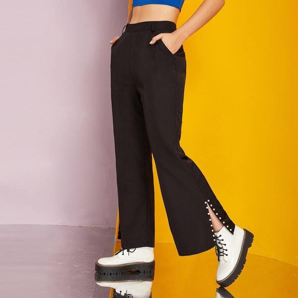 

Pearl Beaded Slit Hem Flare Pants, Black