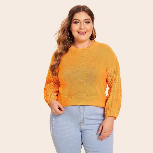 

Plus Neon Orange Drop Shoulder Eyelet Sweater, Orange bright