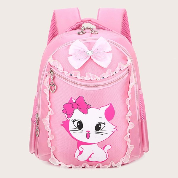 

Girls Cat Print Ruffle Decor Backpack