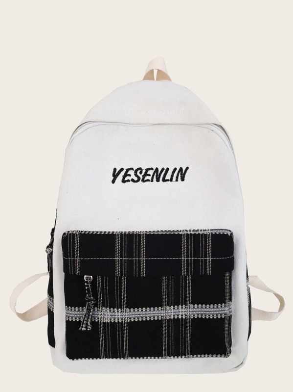 

Kids Letter Embroidered Pocket Front Backpack, Black and white