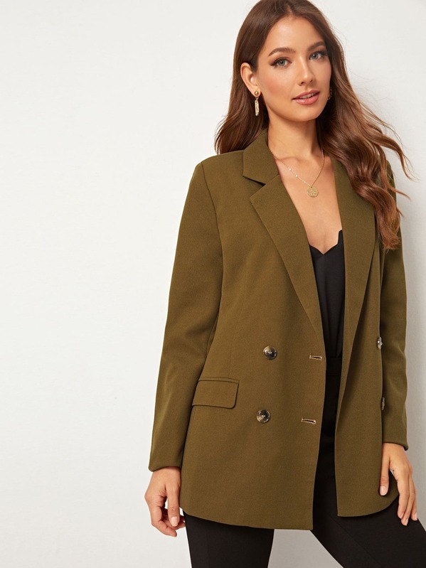 

Solid Double Breasted Flap Pocket Blazer, Camel, Debi Cruz