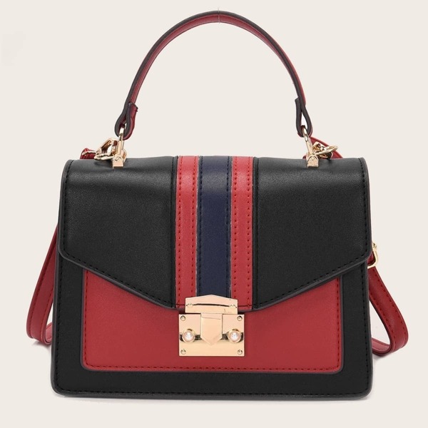 

Color Block Push Lock Satchel Bag, Multicolor