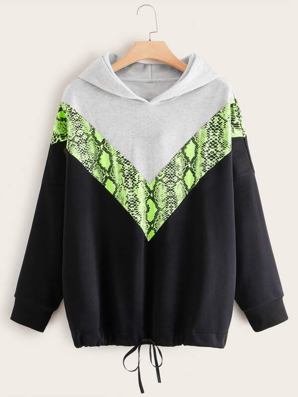 

Plus Contrast Snakeskin Drawstring Hem Hoodie, Multicolor