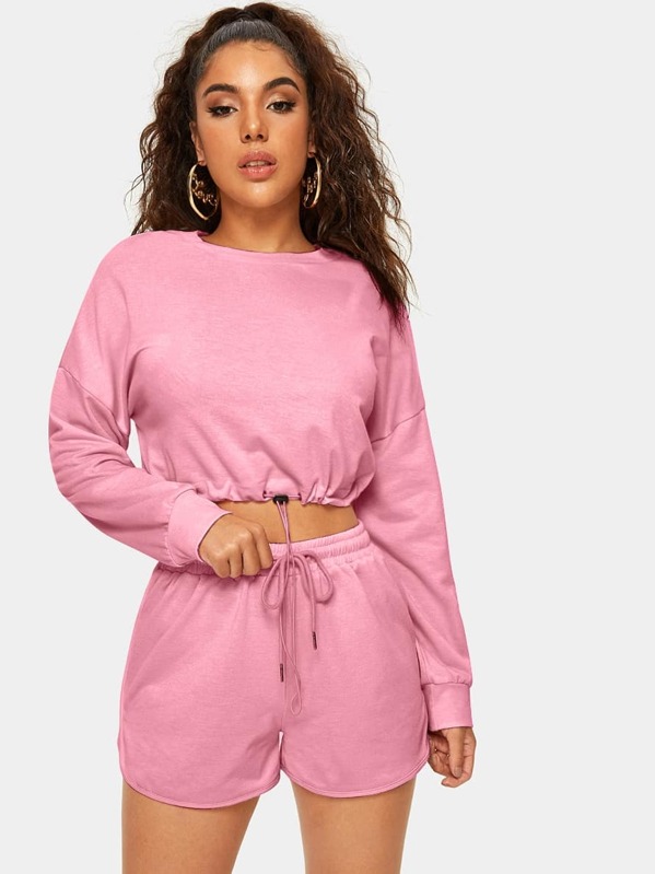 

Drawstring Hem Crop Sweatshirt & Track Shorts, Pink, Lucia