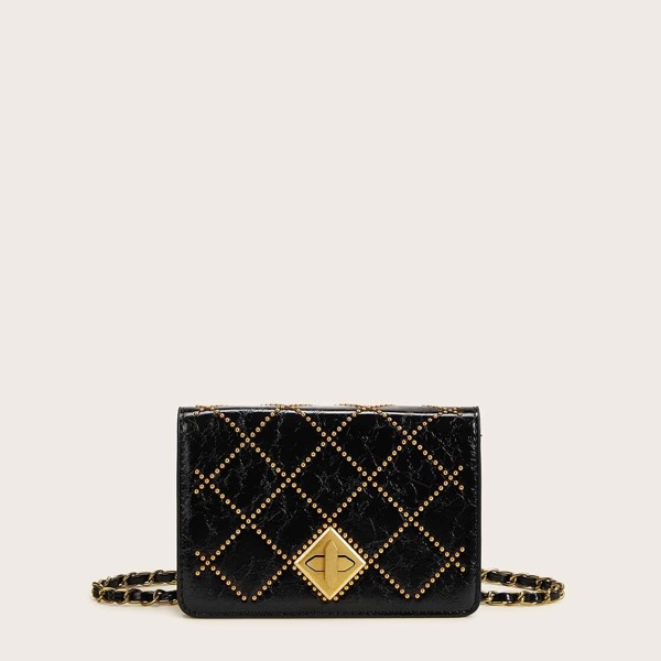 

Twist Lock Studded Decor Chain Bag, Black