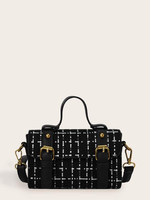 

Double Buckle Decor Satchel Bag, Black
