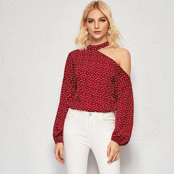 Confetti Heart Print Asymmetrical Neck Blouse