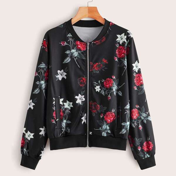 

Floral Print Zip Up Bomber Jacket, Black