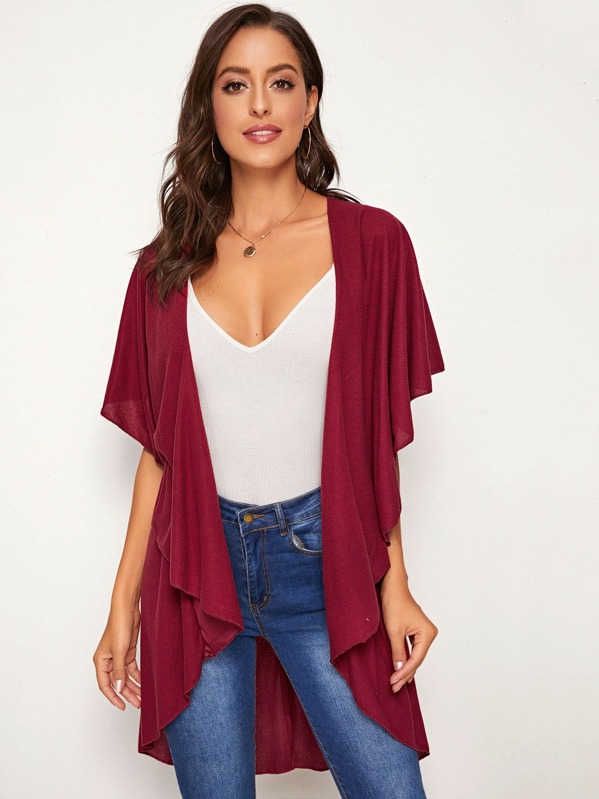 

Solid Waterfall Collar Ruffle Trim Coat, Burgundy, Mary P.