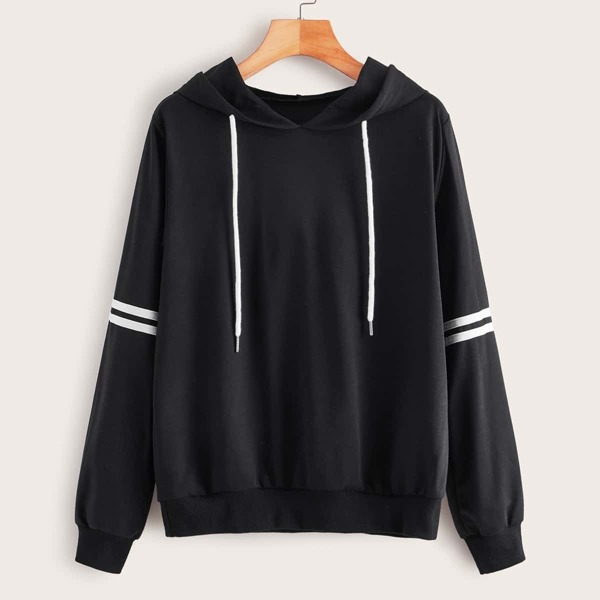 

Contrast Stripe Drawstring Hooded Sweatshirt, Black