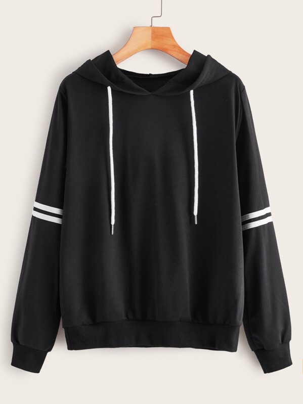 

Contrast Stripe Drawstring Hooded Sweatshirt, Black