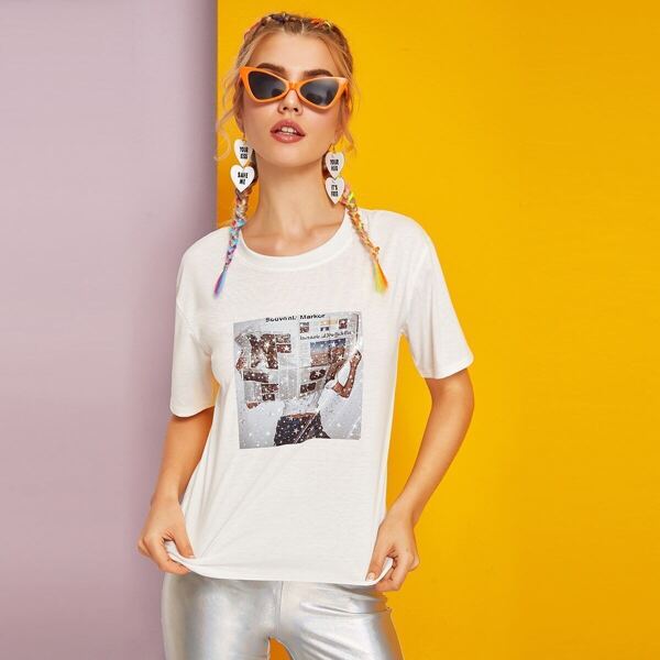 Newspaper & Figure & Star Print Tee