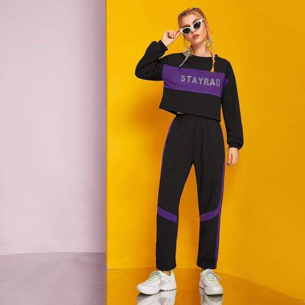 

Contrast Sequin Letter Color-Block Sweatshirt & Pants