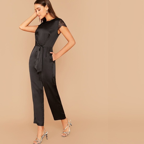 

Eyelash Lace Sleeve Tie Front Slant Pocket Satin Jumpsuit