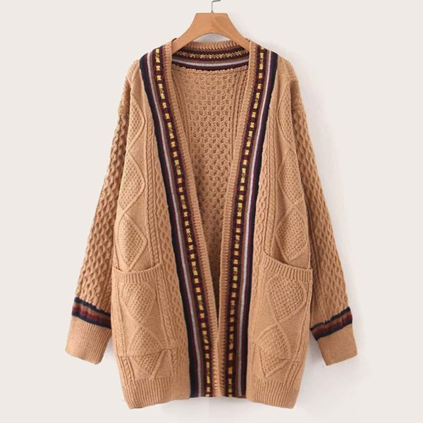 

Contrast Striped Trim Twist Cable Knit Cardigan, Camel