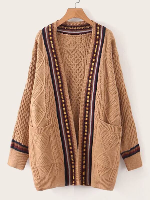 

Contrast Striped Trim Twist Cable Knit Cardigan, Camel