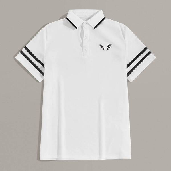 

Men Contrast Varsity Striped Lightning Print Polo Shirt, White