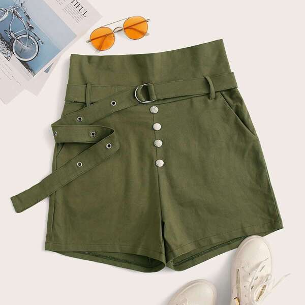 

Button Front High Waist Belted Shorts