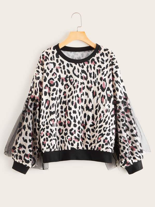 

Contrast Mesh Leopard Print Sweatshirt, Multicolor, Mary P.