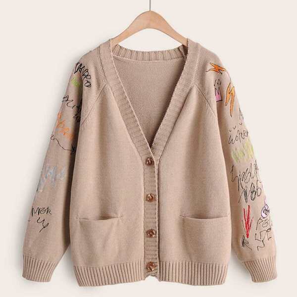 

Raglan Sleeve Letter Graphic Cardigan, Khaki