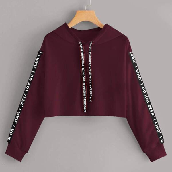 

Letter Tape Drawstring Crop Hoodie, Burgundy