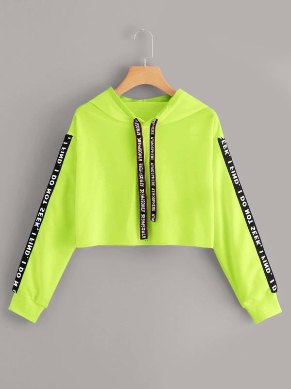

Neon Lime Letter Tape Drawstring Crop Hoodie, Green